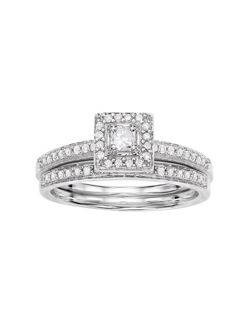 10k White Gold 1/2 Carat T.W. Diamond Halo Engagement Ring Set