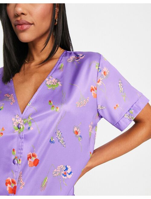 ASOS DESIGN mix & match satin floral collarless pajama shirt in purple