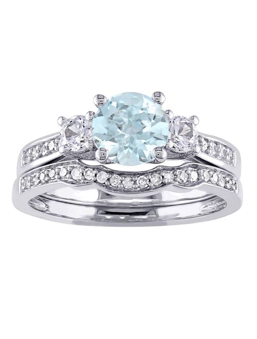 Stella Grace 10k White Gold Aquamarine, Lab-Created White Sapphire & 1/8 Carat T.W. Diamond Vintage Engagement Ring Set