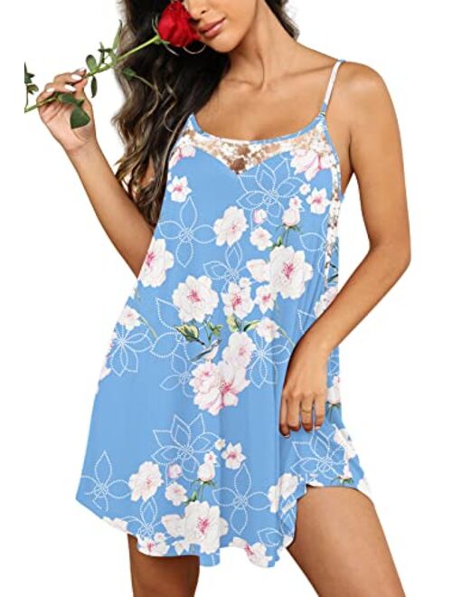 PrinStory Women's Nightgown Sleeveless Nightwear Lace Sleepshirt Sexy Chemise Nightdress Soft Sleepwear