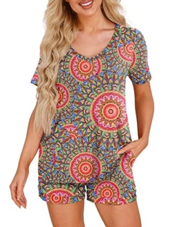 PrinStory Women's Pajama Set Short Sleeve Shirt and Shorts Sleepwear Pjs Sets with Pockets