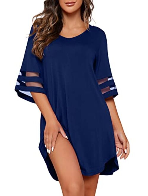 PrinStory Women's Nightgown 3/4 Sleeves Nightshirt Casual Sleep Shirt Loose Comfy Sleepwear