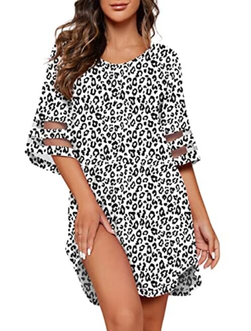 PrinStory Women's Nightgown 3/4 Sleeves Nightshirt Casual Sleep Shirt Loose Comfy Sleepwear