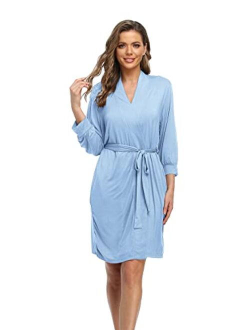 Goodsaleok Womens Kimono Robes Knit Bathrobe Sleepwear Short Soft Lightweight V-neck Ladies Loungewear S-XXL