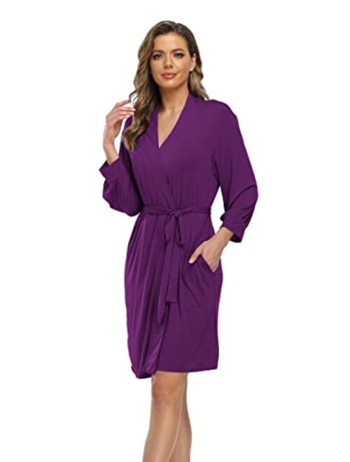 Goodsaleok Womens Kimono Robes Knit Bathrobe Sleepwear Short Soft Lightweight V-neck Ladies Loungewear S-XXL