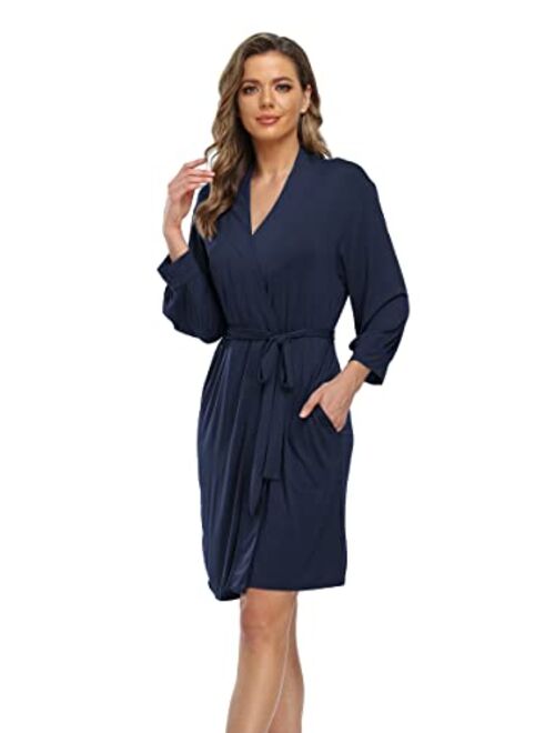 Goodsaleok Womens Kimono Robes Knit Bathrobe Sleepwear Short Soft Lightweight V-neck Ladies Loungewear S-XXL