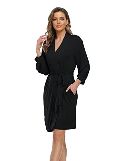 Goodsaleok Womens Kimono Robes Knit Bathrobe Sleepwear Short Soft Lightweight V-neck Ladies Loungewear S-XXL