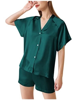 Eshion Silk Satin Pajama Sets Womens Soft Button Down Sleepwear Shorts Set 2 Piece Loungewear