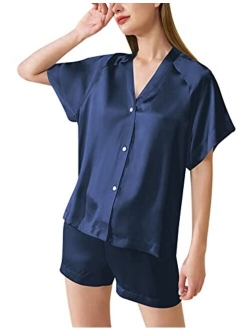 Eshion Silk Satin Pajama Sets Womens Soft Button Down Sleepwear Shorts Set 2 Piece Loungewear