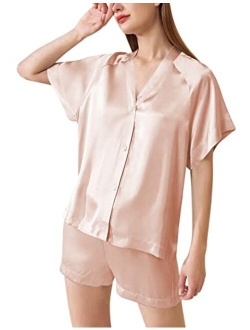 Eshion Silk Satin Pajama Sets Womens Soft Button Down Sleepwear Shorts Set 2 Piece Loungewear
