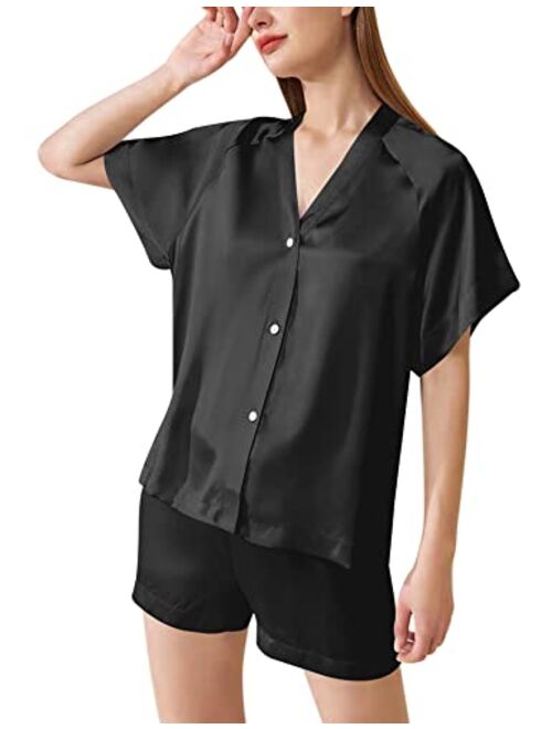 Eshion Silk Satin Pajama Sets Womens Soft Button Down Sleepwear Shorts Set 2 Piece Loungewear