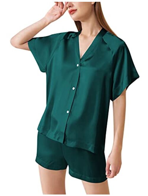 Eshion Silk Satin Pajama Sets Womens Soft Button Down Sleepwear Shorts Set 2 Piece Loungewear