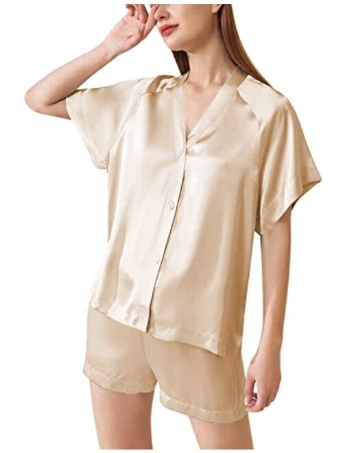 Eshion Silk Satin Pajama Sets Womens Soft Button Down Sleepwear Shorts Set 2 Piece Loungewear