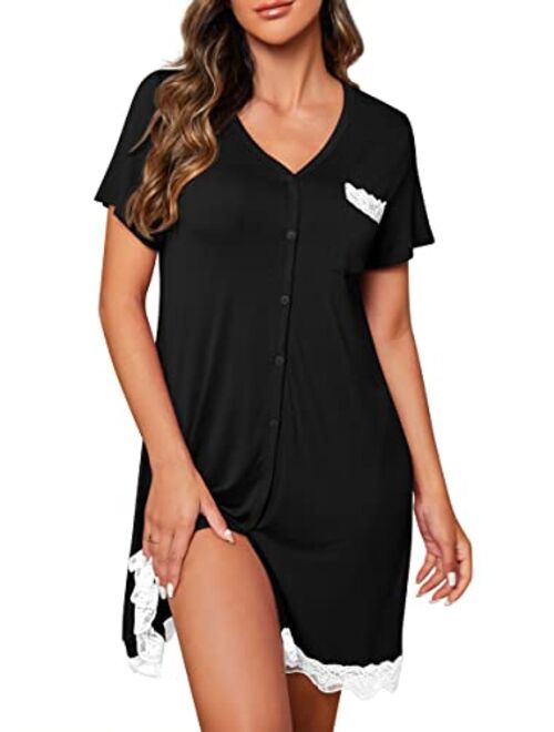 PrinStory Women's Nightgown Short Sleeve Nightshirt Button Down Sleepshirt Casual Sleepwear