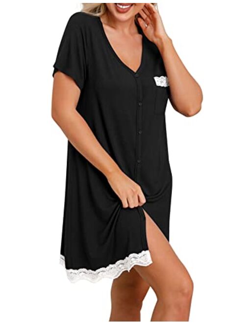 PrinStory Women's Nightgown Short Sleeve Nightshirt Button Down Sleepshirt Casual Sleepwear