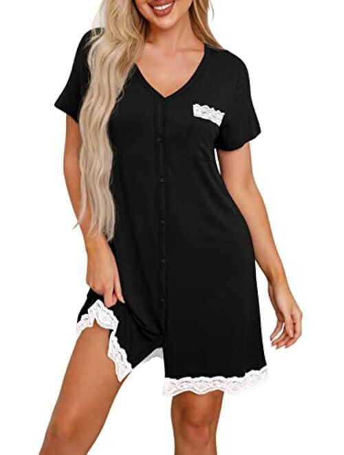 PrinStory Women's Nightgown Short Sleeve Nightshirt Button Down Sleepshirt Casual Sleepwear