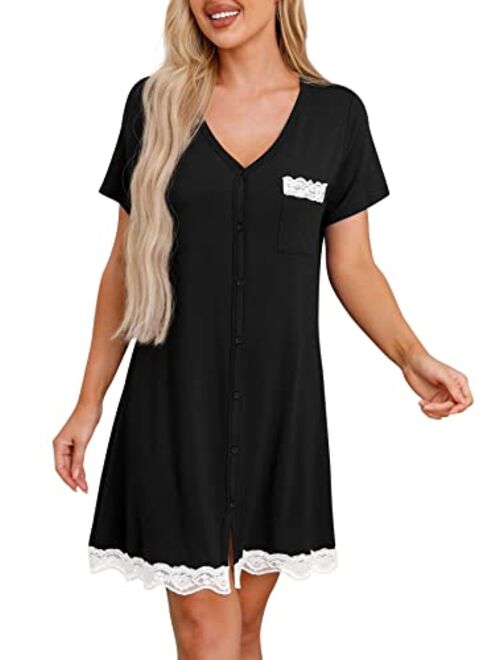 PrinStory Women's Nightgown Short Sleeve Nightshirt Button Down Sleepshirt Casual Sleepwear