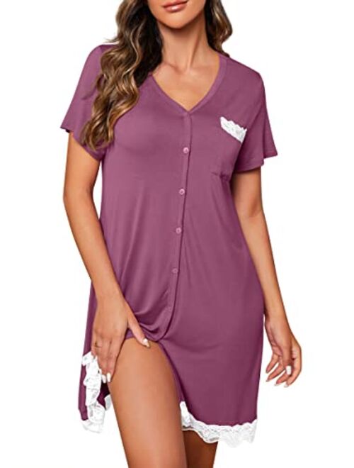 PrinStory Women's Nightgown Short Sleeve Nightshirt Button Down Sleepshirt Casual Sleepwear