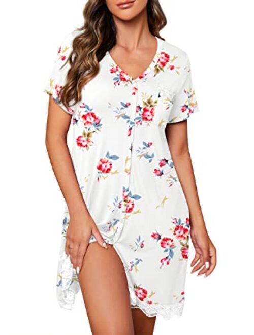 PrinStory Women's Nightgown Short Sleeve Nightshirt Button Down Sleepshirt Casual Sleepwear