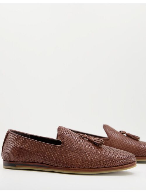 Walk London Chris woven tassel loafers in brown leather