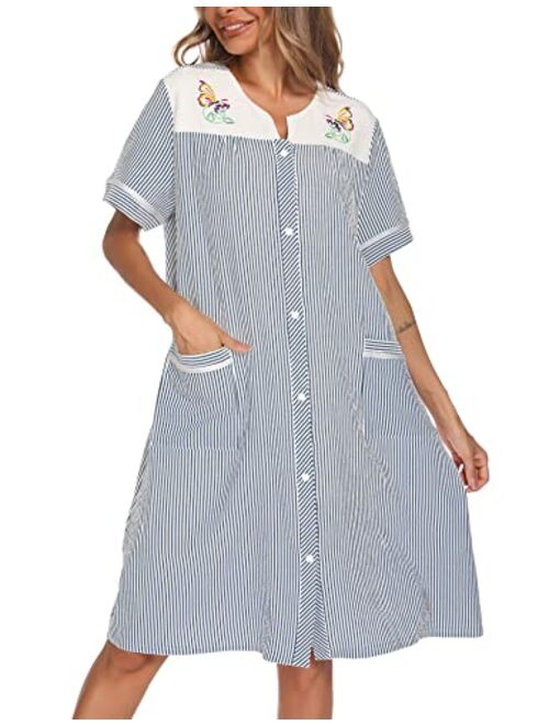 YOZLY Women Embroidered House Dress Short Sleeve Housecoat with Front Pockets S-3XL