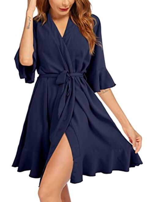 Mncegeer Womens Robe Bridesmaid Robes Ruffle Soft Robes Ladies Lightweight Soft Loungewear Bathrobe Sleepwear