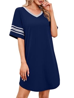 PrinStory Women's Nightgown Short Sleeve Nightshirt V Neck Sleep Shirt Loose Loungewear Casual Sleepwear