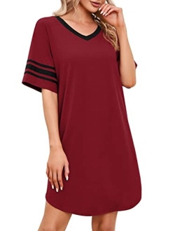 PrinStory Women's Nightgown Short Sleeve Nightshirt V Neck Sleep Shirt Loose Loungewear Casual Sleepwear