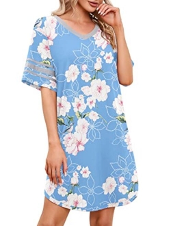 PrinStory Women's Nightgown Short Sleeve Nightshirt V Neck Sleep Shirt Loose Loungewear Casual Sleepwear