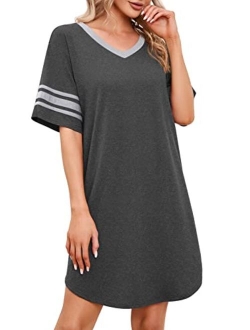 PrinStory Women's Nightgown Short Sleeve Nightshirt V Neck Sleep Shirt Loose Loungewear Casual Sleepwear