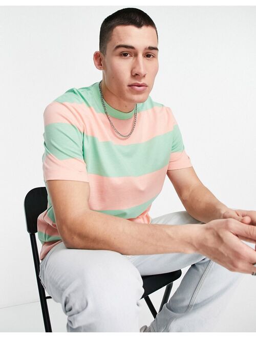 ASOS DESIGN relaxed stripe T-shirt in green & pink color block