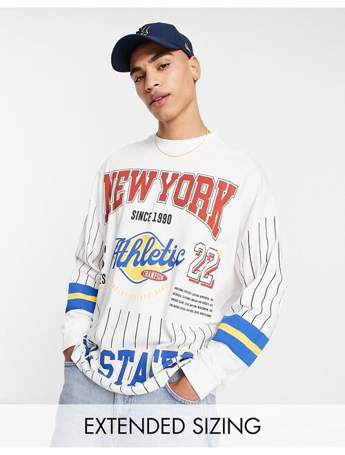 ASOS DESIGN oversized long sleeve T-shirt with varsity badge prints in white