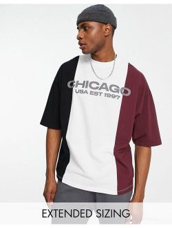 oversized T-shirt in black and burgundy color block in pique