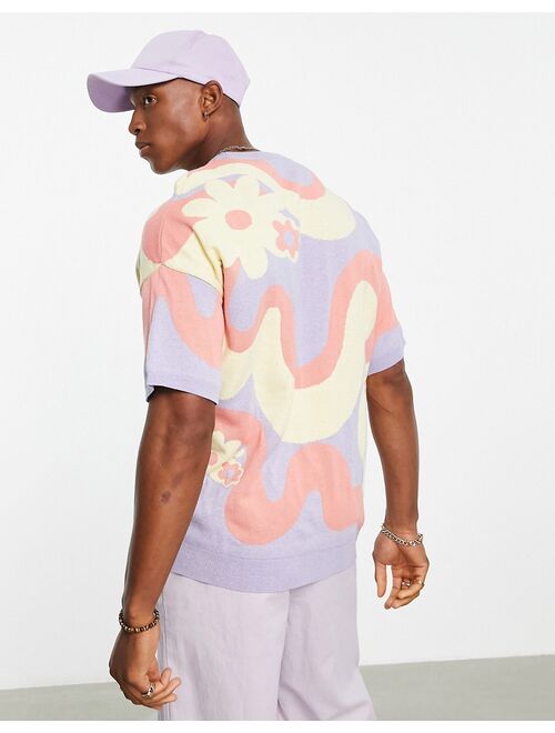 ASOS DESIGN knitted short sleeve t-shirt with swirly floral design