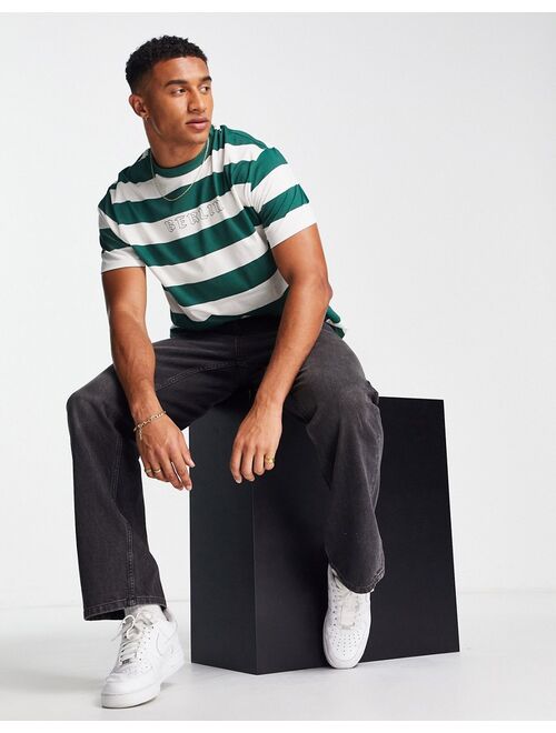 ASOS DESIGN relaxed stripe T-shirt in green with Berlin chest print