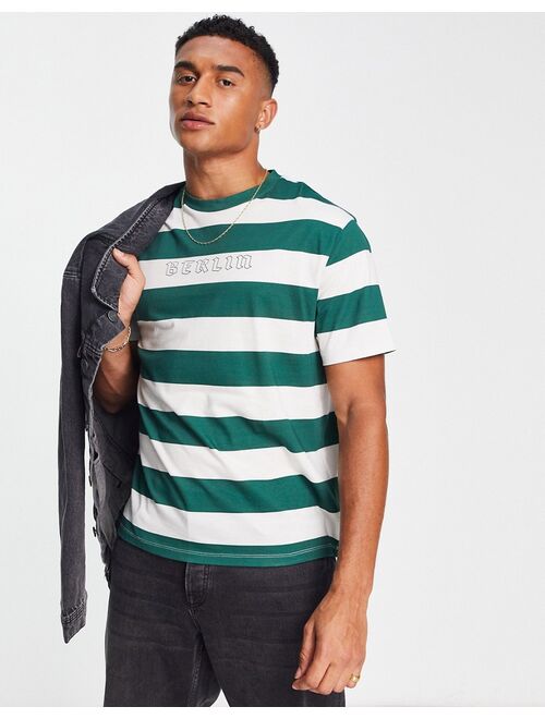 ASOS DESIGN relaxed stripe T-shirt in green with Berlin chest print