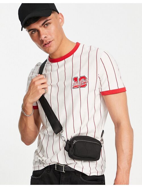 ASOS DESIGN ringer T-shirt in red bowling stripe with badge detail