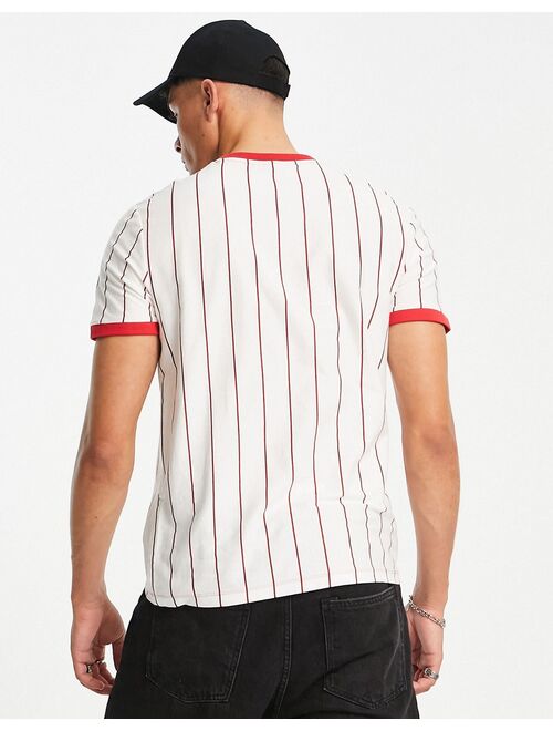 ASOS DESIGN ringer T-shirt in red bowling stripe with badge detail