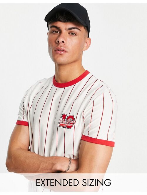 ASOS DESIGN ringer T-shirt in red bowling stripe with badge detail