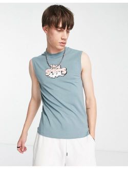 shrunken fit tank top in light blue with cartoon front print