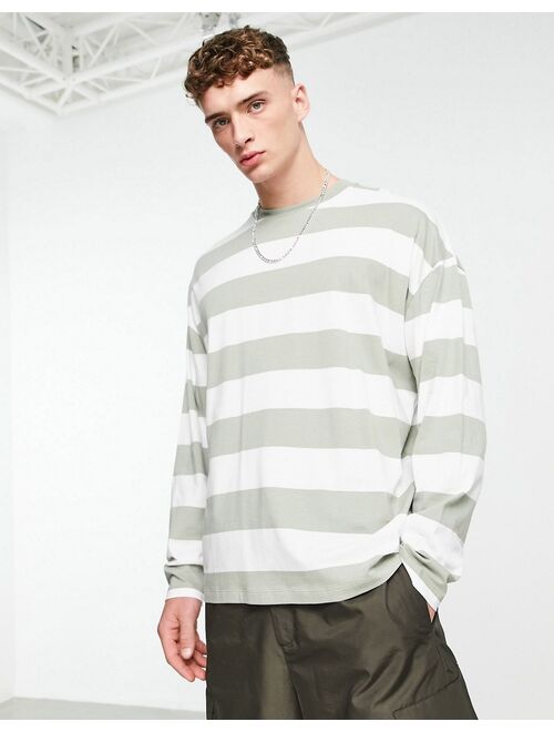 ASOS DESIGN oversized long sleeve stripe t-shirt in green and white