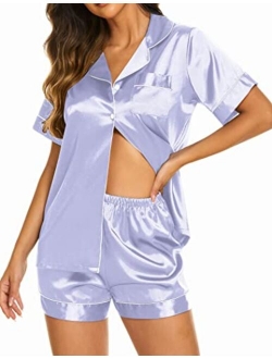 Silk Pajamas Womens Short Sleeve Sleepwear Soft Satin Button Down Loungewear 2 Piece Pjs Shorts Set S-XXL