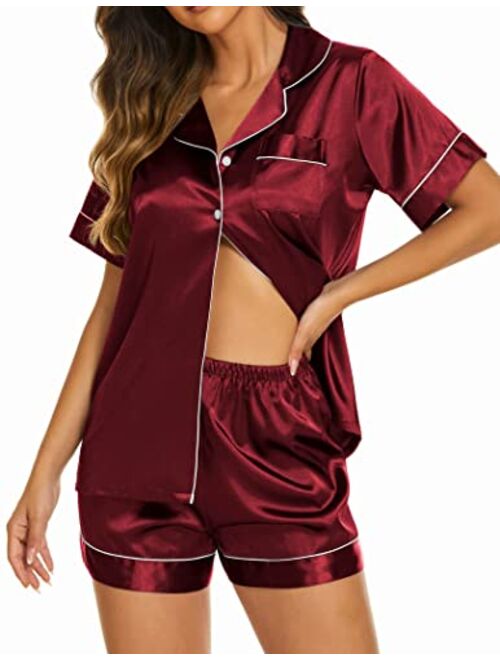 Ekouaer Silk Pajamas Womens Short Sleeve Sleepwear Soft Satin Button Down Loungewear 2 Piece Pjs Shorts Set S-XXL