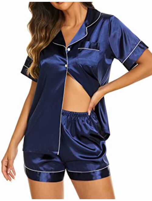 Ekouaer Silk Pajamas Womens Short Sleeve Sleepwear Soft Satin Button Down Loungewear 2 Piece Pjs Shorts Set S-XXL