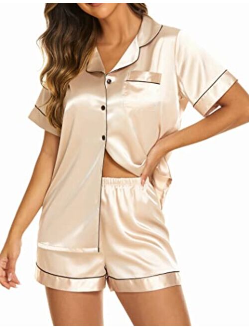 Ekouaer Silk Pajamas Womens Short Sleeve Sleepwear Soft Satin Button Down Loungewear 2 Piece Pjs Shorts Set S-XXL