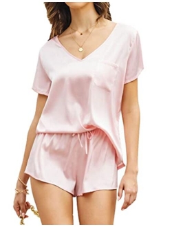 Silk Pajamas Women's Short Sleeve Sleepwear Soft Satin Shirt and Shorts Set 2 Piece Pjs Loungewear S-XXL