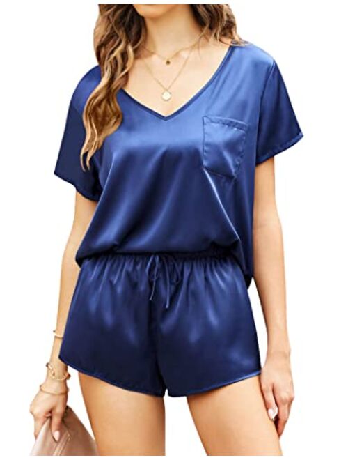 Ekouaer Silk Pajamas Women's Short Sleeve Sleepwear Soft Satin Shirt and Shorts Set 2 Piece Pjs Loungewear S-XXL