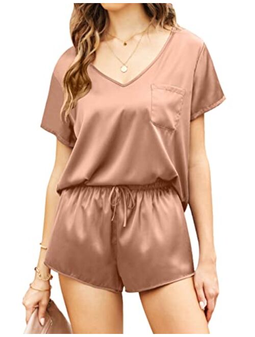 Ekouaer Silk Pajamas Women's Short Sleeve Sleepwear Soft Satin Shirt and Shorts Set 2 Piece Pjs Loungewear S-XXL