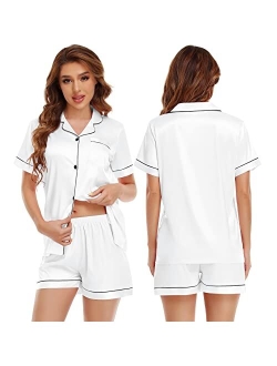 Sexqero Silk Satin Pajamas Set Womens Short Sleeve Sleepwear Button Down Loungewear 2 Piece PJ Sets