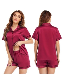 Sexqero Silk Satin Pajamas Set Womens Short Sleeve Sleepwear Button Down Loungewear 2 Piece PJ Sets